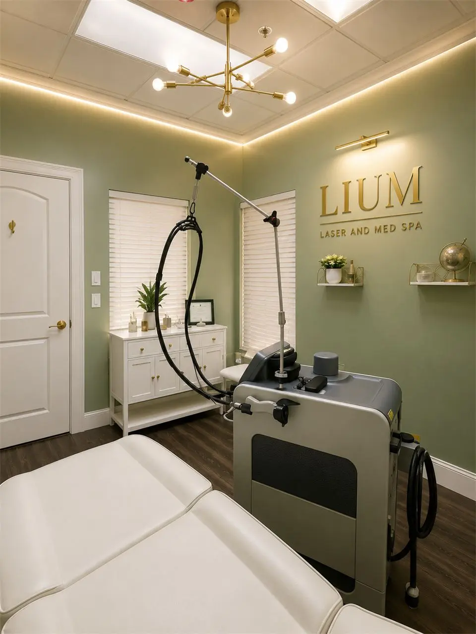 The Lium Laser treatment room: sage walls, brass signage and a white treatment bed